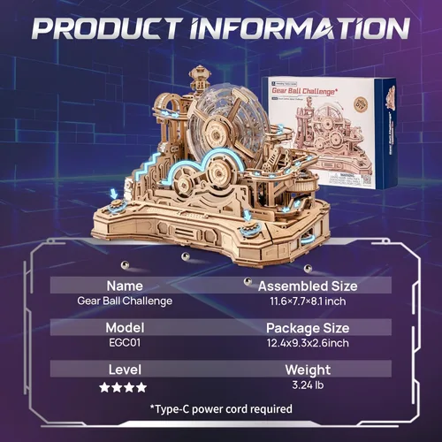 Miniatura 8 de ROKR Rompecabezas de Madera 3D para Adultos Pista de Canicas en Miniatura Juguetes de Construcción,Kits de Modelo de Máquina de Pinball DIY-Gear