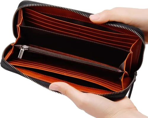 Miniatura 9 de VISOUL Cartera larga de cuero con cremallera para hombres y mujeres con bloqueo RFID, cartera larga de embrague grande con cremallera, Negro