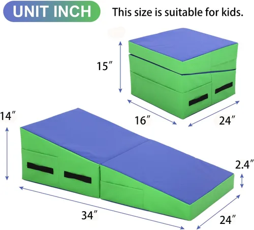 Miniatura 2 de BLKMTY Colchoneta de gimnasia inclinada para niños, 34 x 24 pulgadas, tapete plegable de cuña de queso para niños, tapete de yoga para hacer azul
