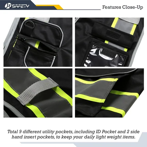 Miniatura 4 de JKSafety Chaleco de seguridad de alta visibilidad con cremallera frontal, 9 bolsillos, color negro, tiras amarillas fluorescentes que delinean
