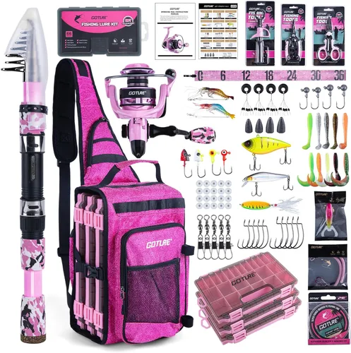 Miniatura 17 de Goture Combo de caña de pescar y carrete rosa - Carrete giratorio ML Action con bolsa rosa - Kit de caña telescópica para principiantes, viajes