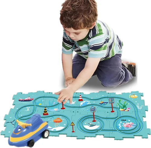 Miniatura 18 de Regalo de cumpleaños para niño de 4 años, Set de pista de autos de carreras con rompecabezas para niños, Set de pista de autos Puzzle Racer