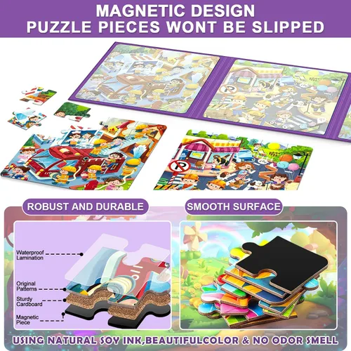 Miniatura 5 de Rompecabezas magnéticos para niños de 4 a 8 años, libro de rompecabezas de imanes de dibujos animados 3 en 1 para niños pequeños, juguetes de viaje