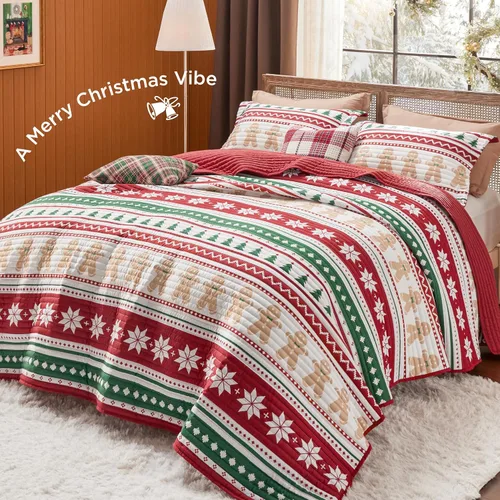 Miniatura 2 de Bedsure Edredón de Navidad tamaño Queen, edredón rojo para cama tamaño Queen, ropa de cama de Navidad con patrón de rayas de hombre de jengibre - 16