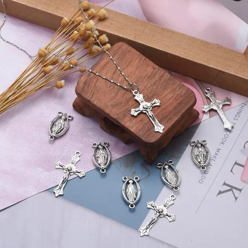 Miniatura 8 de 30 piezas/15 juegos de kits de rosario de aleación, medallas con cruz y centro, dijes ovalados, Jesús, María, eslabones católicos, colgantes