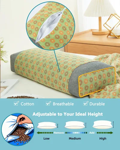 Miniatura 3 de Almohadas rectangulares para el cuello de trigo sarraceno, almohadas planas de apoyo cervical de 19.6 x 9.8 pulgadas para dormir, relleno de casco