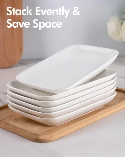 Miniatura 3 de DELLING Juego de 6 platos rectangulares para aperitivos de 8 pulgadas, platos de postre de ensalada de porcelana blanca, platos pequeños