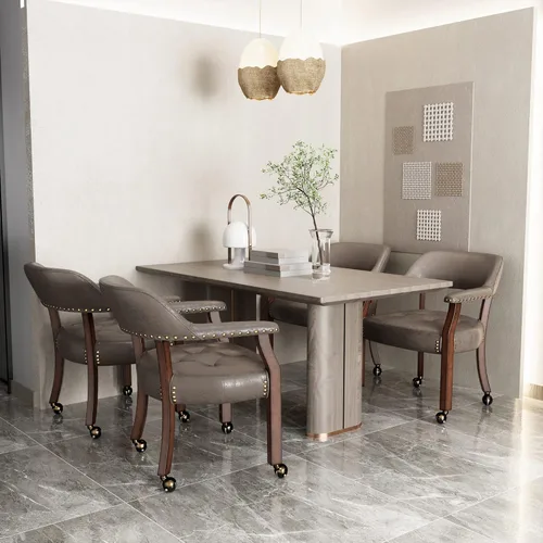 Miniatura 66 de Juego de 8 sillas de cuero de comedor con ruedas y brazos, silla de capitán Accent con ruedas, sillas de madera con ruedas enrollables para cocina