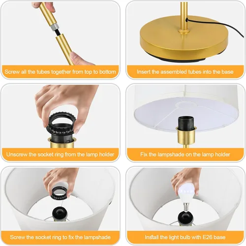 Miniatura 9 de Lámparas de pie doradas para sala de estar, lámpara de pie moderna, pantallas blancas, interruptor de pie, lámparas de poste simple lámpara alta
