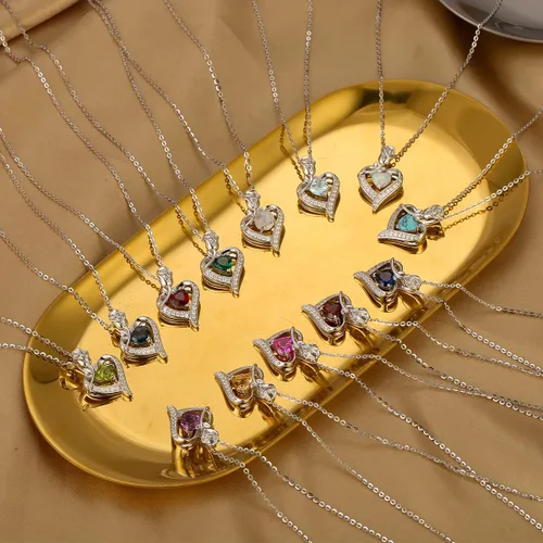 Miniatura 4 de Collares con dije de piedra de nacimiento, de plata de ley auténtica natural o creada con piedras preciosas, con dije de rosas y corazón