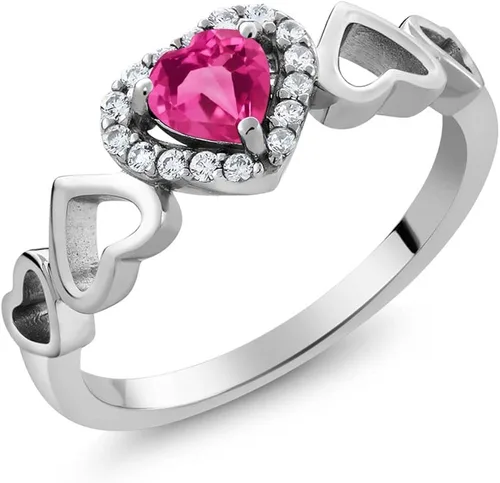 Anillo de plata de ley 925 con forma de corazón de 0,76 quilates, color rosa, con zafiro creado (disponible 5, 6, 7, 8, 9)