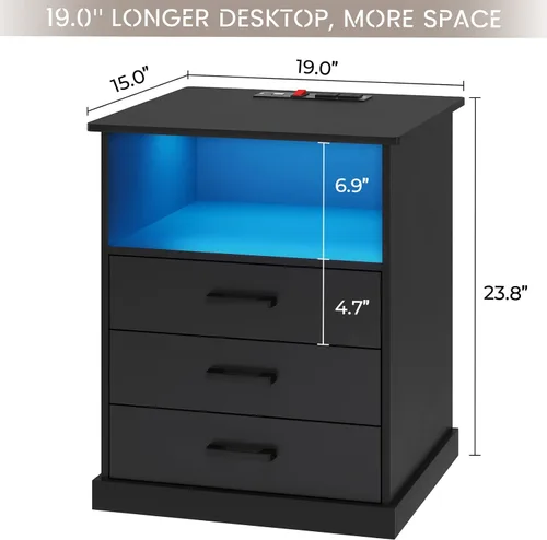 Miniatura 3 de Hasuit Mesita de noche con estación de carga y luces LED, mesita de noche grande con 3 cajones de almacenamiento, mesita de noche negra