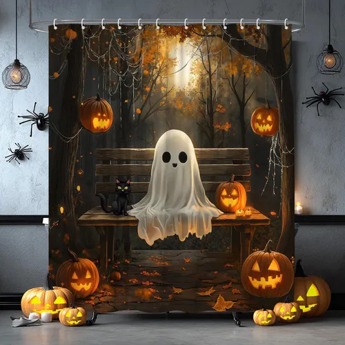 Miniatura 2 de Cortina de ducha de fantasma de Halloween, espeluznante gato negro, telaraña, bosque de otoño, tela de noche aterradora, decoración de baño, cortina
