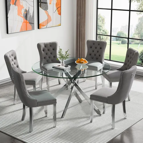 Miniatura 22 de Juego de 4 mesas de comedor redondas de vidrio para 4, juego de mesa de cocina pequeña para 4, mesa redonda de vidrio de 35 pulgadas, juego de 4