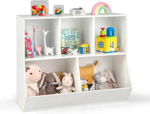 Miniatura 11 de Costzon Organizadores de juguetes y almacenamiento con estantería, estante de madera para libros infantiles de 5 cubículos, gabinete de Rosado
