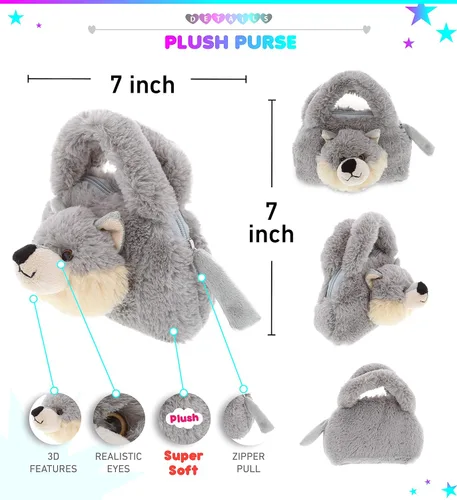 Miniatura 4 de DolliBu Bolsa de felpa de lobo gris, bolso de peluche súper suave para niños, bolsa de felpa de lobo salvaje esponjosa para niñas y niños, 8 pulgadas