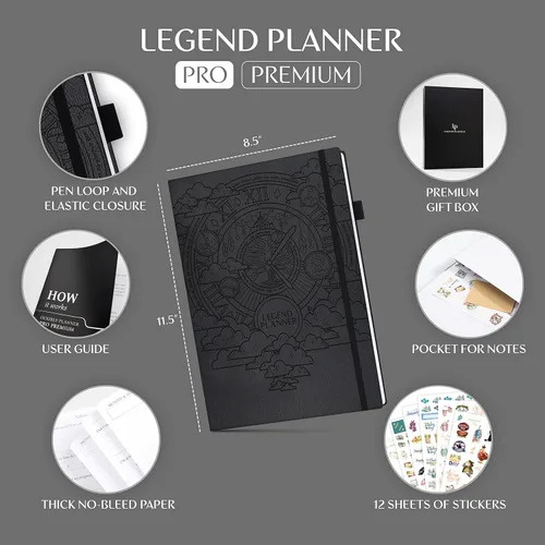 Miniatura 2 de Legend Hourly Planner PRO Premium – Agenda sin fecha con ranuras de tiempo – Organizador personal semanal, mensual y diario, A4 (negro)