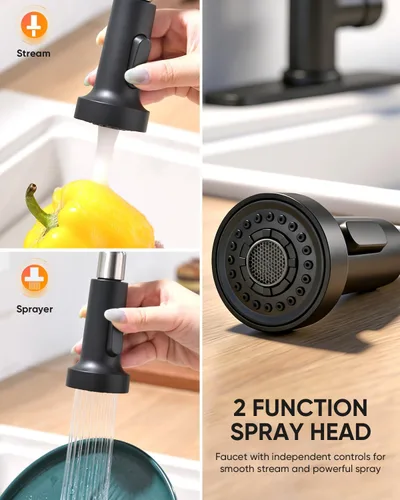 Miniatura 4 de Grifo de cocina negro con rociador extraíble de acero inoxidable de una sola manija, grifos de fregadero de resorte de 1 agujero o 3 agujeros