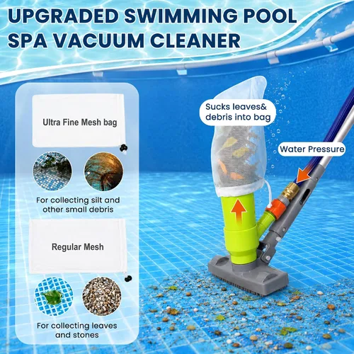 Miniatura 3 de Sepetrel Kit de limpieza de piscina de lujo con aspiradora de chorro, cepillo, red de skimmer semi-profunda y poste ajustable de 57.5 pulgadas
