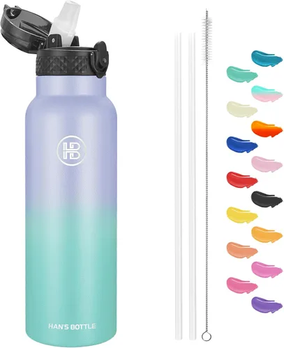 Miniatura 48 de Han's Bottle - Botella de agua para niños con tapa con pajilla - Vaso reutilizable de acero inoxidable aislado para niñas, niños, taza térmica, 17