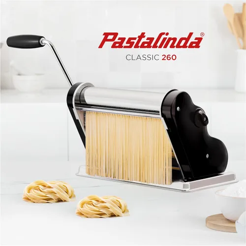 Miniatura 6 de PASTALINDA Máquina para hacer pasta Classic 260, rodillos de 10.2 in de ancho, 9 posiciones de grosor, 2 posiciones de corte, acero inoxidable. Negro