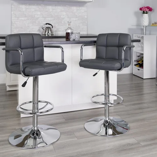 Miniatura 2 de Flash Furniture Taburete de bar de altura ajustable de vinilo acolchado gris contemporáneo con brazos y base cromada
