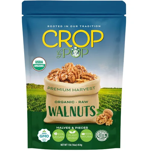 CROP BY POP - Mitades y piezas de nueces crudas orgánicas (16 onzas – 1 libra) empaquetadas frescas en bolsa resellable – USDA orgánico, sin OMG,
