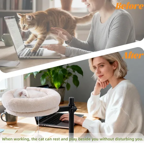 Miniatura 6 de BYBYME Cama de escritorio para gatos de interior, cama de gatito para escritorio soporta 44 libras, rotación de 360° y ajustable, escritorio nido