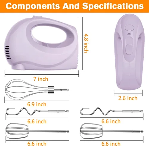 Miniatura 3 de Batidora de mano eléctrica de mano - Mezclador de cocina portátil de 5 velocidades eléctrico con 5 accesorios de acero inoxidable Batidor, batidor