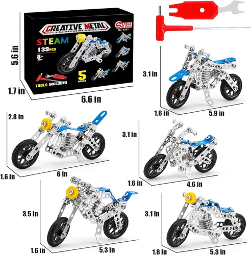 Miniatura 5 de BESTYMXY Kit de construcción modelo de motocicleta, 5 en 1 de metal para motos STEM, juguetes de construcción para niños de 8 a 12 años, ensamblaje