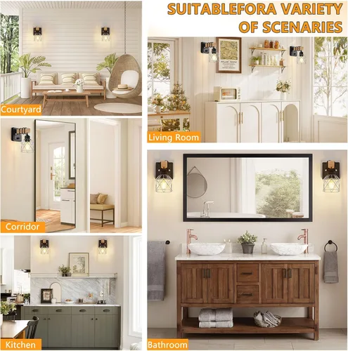 Miniatura 7 de FadimiKoo Juego de 2 apliques de pared, lámparas de pared de madera de cabecera con interruptor giratorio, lámpara de tocador de baño negra