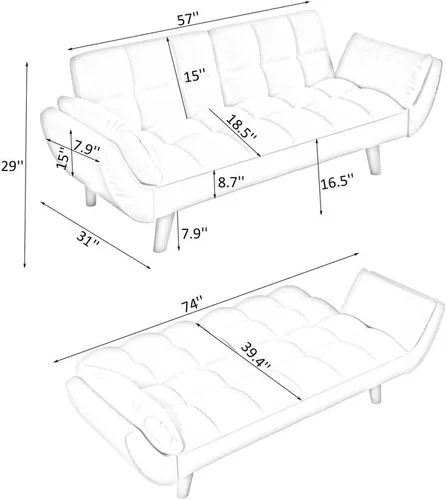 Miniatura 2 de 57" Convertible Sleeper Couch Bed, 3-in-1 Tufted Upholstered Daybed Futon Sofa Bed Loveseat with Reclining Split Backrest, Velvet 2-Seaters Sofa