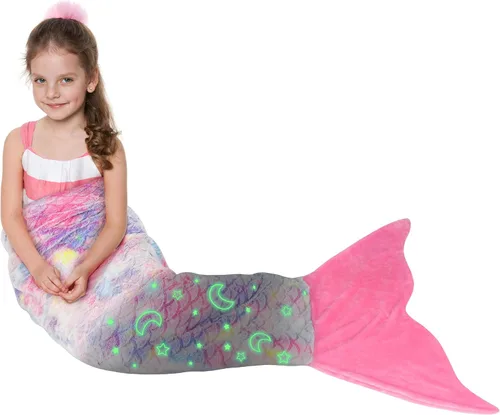 Catalonia Manta de cola de sirena para niñas, saco de dormir de sirena que brilla en la oscuridad para niños de 3 a 14 años, regalo de sirena para