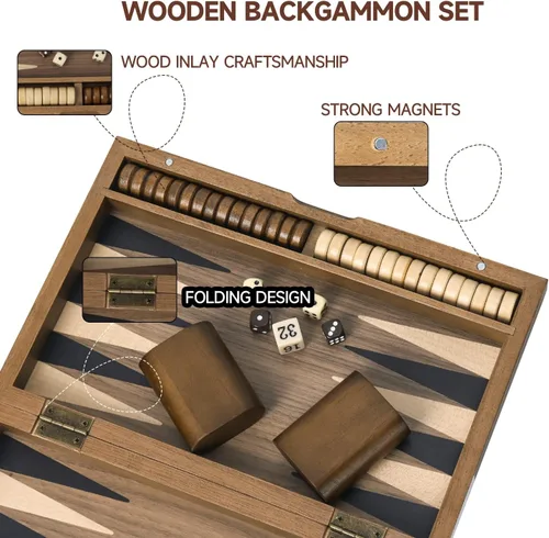 Miniatura 3 de GSE Games & Sports Expert Set de Juego de Mesa de Backgammon Plegable de Madera Magnética Premium con Incrustaciones, Juego de Mesa Portátil