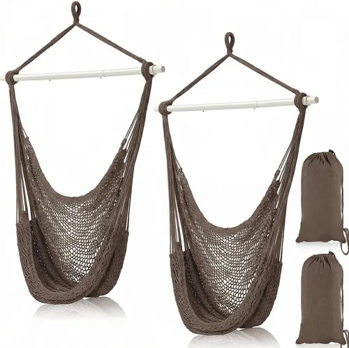 Miniatura 8 de Barydat 2 sillas colgantes tipo hamaca estilo bohemio, para exteriores e interiores, cómoda cuerda de algodón suave, con barras de metal Beige