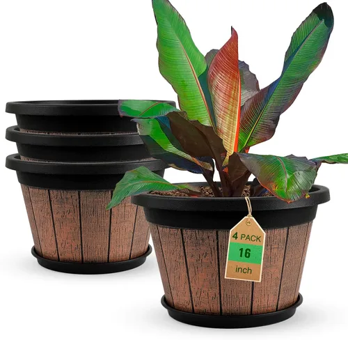Miniatura 8 de Quarut - Paquete de 4 macetas de 8 pulgadas, macetas de barril de whisky mejoradas con agujeros de drenaje y platillo, macetas de flores de plástico
