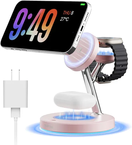 Miniatura 12 de Cargador inalámbrico 3 en 1 para iPhone, estación de carga magnética para la familia Apple con luz ambiental azul ajustable, soporte de cargador