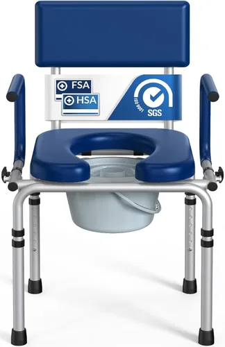 Asiento sanitario plegable para el costado de la cama con brazo desplegable, inodoro con asiento acolchado y respaldo, capacidad de 136kg, cubo Azul
