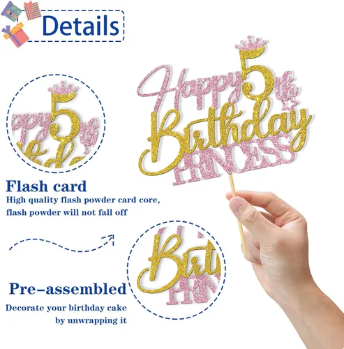 Miniatura 3 de Decoración para pastel de 5º cumpleaños de princesa – Suministros para pastel de cumpleaños de 5 años para niña – Decoración de fiesta de cumpleaños