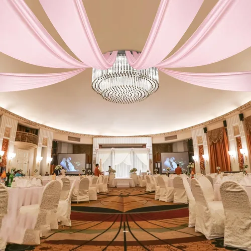 Miniatura 13 de DYRABREST Cortinas de techo de gasa para bodas, 6 paneles de 5 x 20 pies de largo, tela traslúcida de gasa beige para salas de recepción