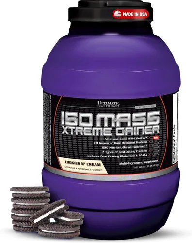 Ultimate Nutrition ISO Mass Xtreme Gainer - Ganador de masa de alto contenido calórico con creatina y proteína aislada de suero en polvo para