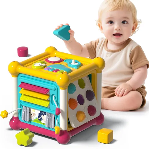 Cubo de Actividades para Bebés, Juguetes de Cubo para Bebés de 6-12 Meses, Tablero Ocupado Musical para Niños Pequeños con 4 Bloques de Formas