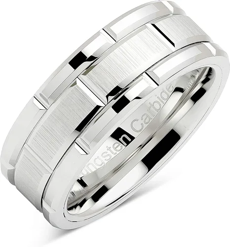 100S JEWELRY Anillos de tungsteno para hombres, alianza de boda con patrón de ladrillo de oro blanco, chapado en rodio, talla 6-16, Metal
