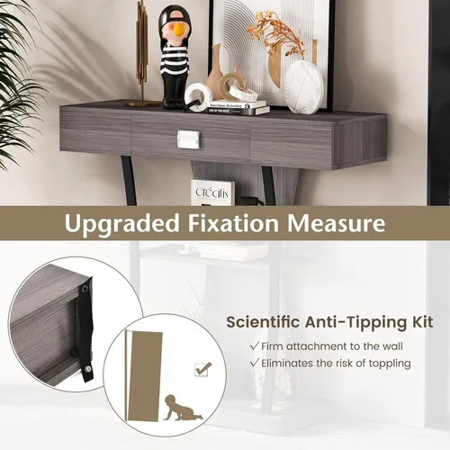 Miniatura 5 de Giantex Mesa consola estrecha en forma de T – Mesa para detrás del sofá con cajón, estantes, kits dobles antivuelcos, moderna mesa de vestíbulo