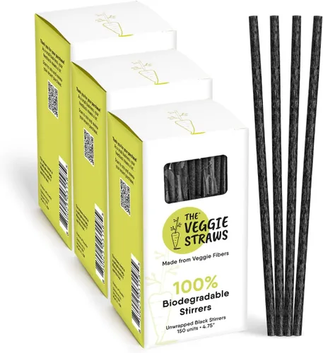 Miniatura 12 de The Veggie Straws 150 unidades de agitadores de bebidas biodegradables negros sin envolver de 4.75 pulgadas - Hecho de fibras vegetales, los mejores