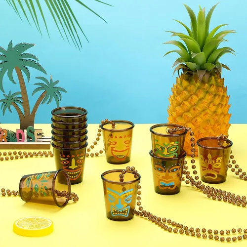 Miniatura 6 de Janmercy 12 vasos de chupito Tiki en collar de cuentas, collares hawaianos de vidrio de plástico marrón divertido Tiki Shot collar tazas para verano