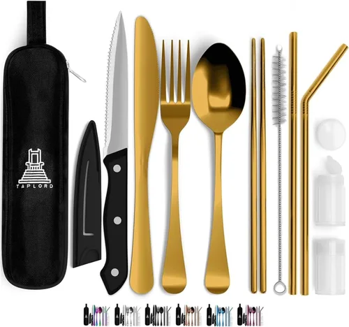 Juego de cubiertos de viaje portátil Taplord con estuche, incluye 10 piezas de utensilios de viaje con estuche, juego de cubiertos de acero Dorado