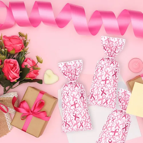 Miniatura 6 de Whaline 150 bolsas de regalo de celofán para concientización sobre el cáncer de mama con 200 lazos torcidos, bolsas de regalo de cinta rosa, bolsas