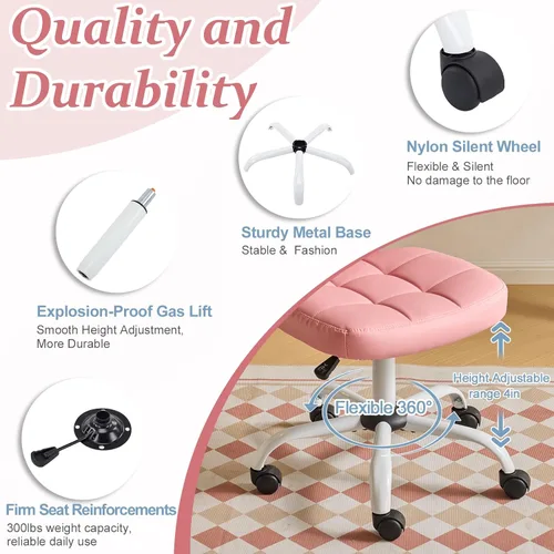 Miniatura 6 de VINGLI Silla de escritorio compacta y pequeña, linda silla sin brazos con ruedas, silla de tocador con respaldo bajo, silla de tarea ajustable