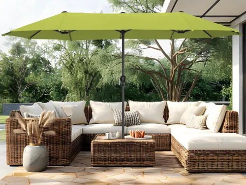Miniatura 17 de PHI VILLA Sombrilla Grande de Patio de 13 Pies de Doble Cara Gemela para Mercado Exterior con Manivela, Beige